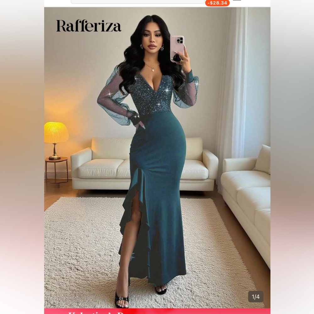 Teal Long Sleeve Evening Dress